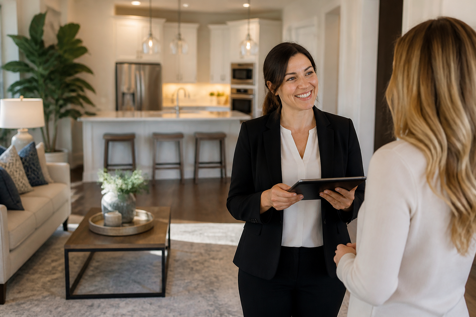 Realtor approved cleaning—A person cleaning a modern kitchen with a spray bottle and cloth, sparkling countertops in view
