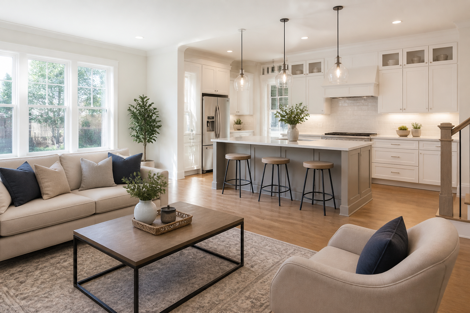 Professional cleaning for home sellers—Cleaner vacuuming a living room with modern decor and bright natural light