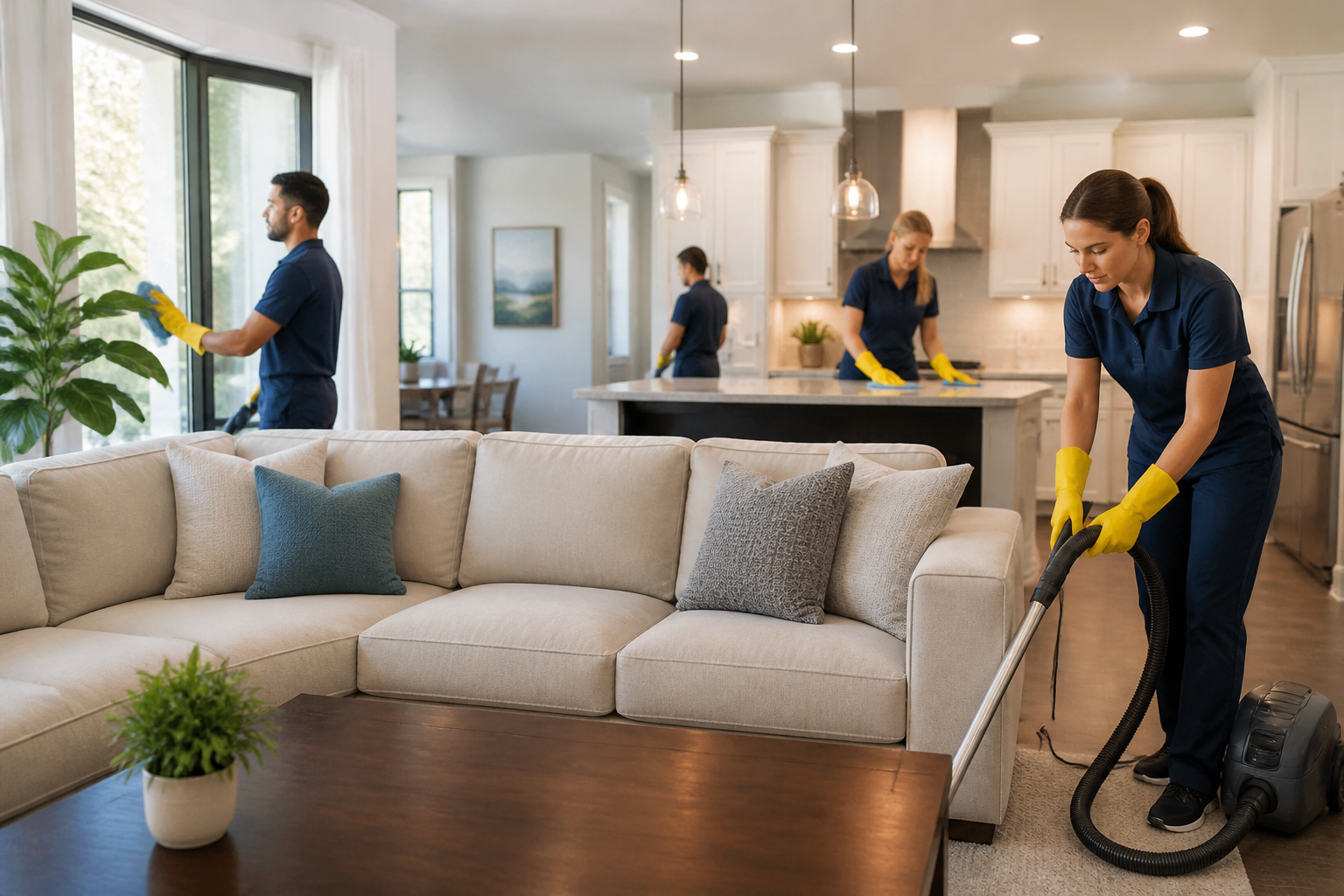 Home staging cleaning services — Team of professional cleaners working in a home, showcasing teamwork and efficiency