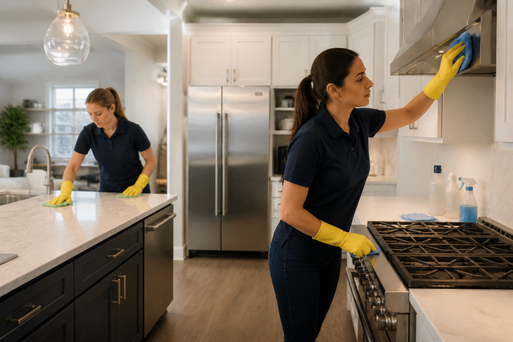 Deep cleaning vs regular cleaning—Side-by-side comparison of a tidy living room and a sparkling, meticulously cleaned kitchen