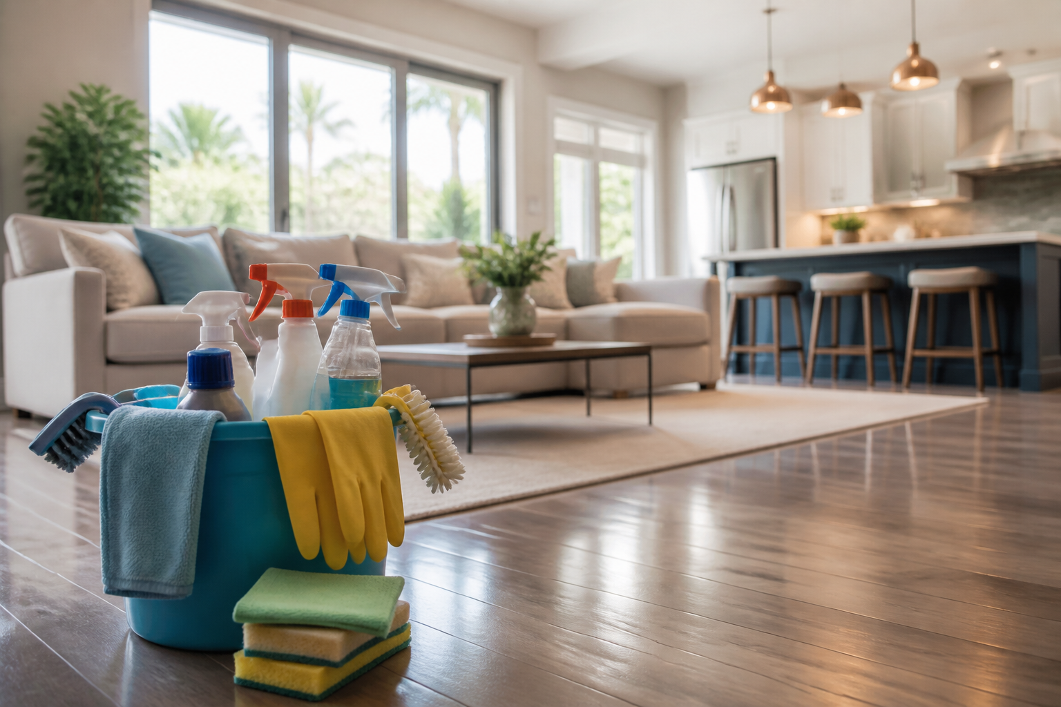 deep cleaning vs regular cleaning — illustration of a spotless home with various cleaning supplies