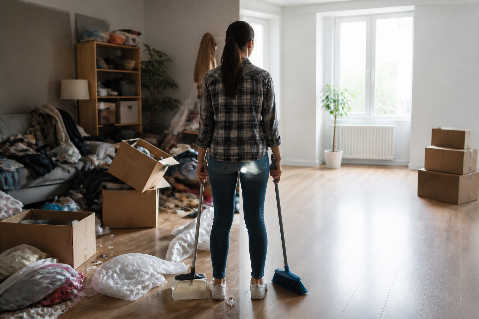 Move out cleaning checklist — A clipboard with a detailed cleaning list and cleaning supplies in the background