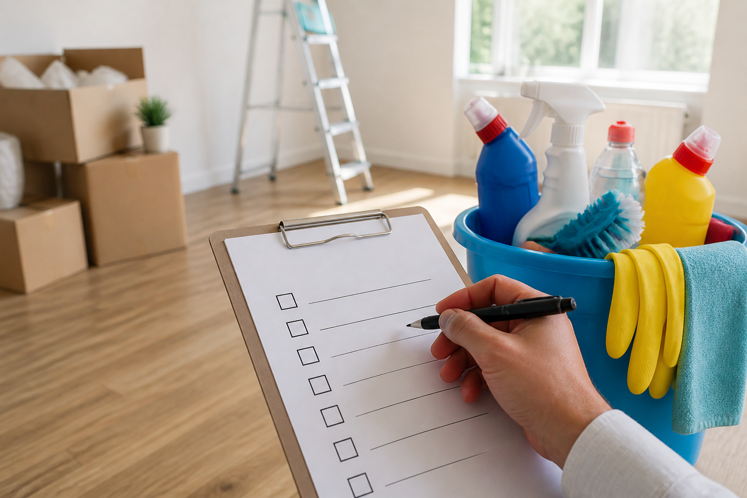 move out cleaning checklist — a bright room with a checklist and cleaning supplies neatly arranged