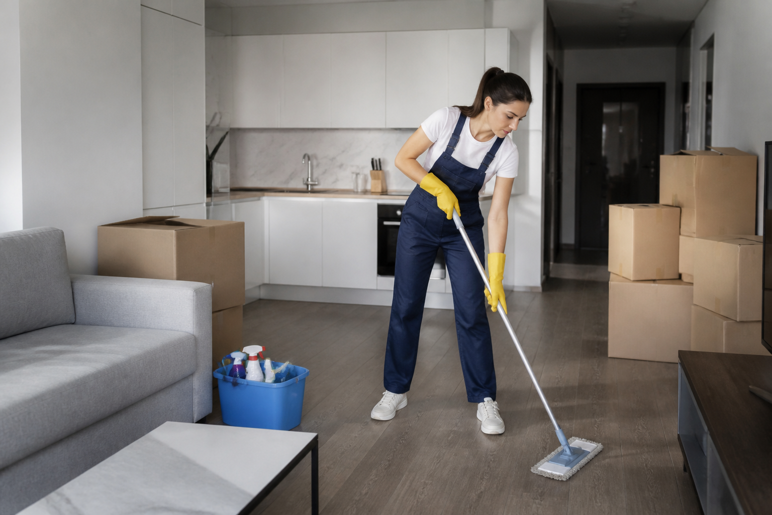 end of lease cleaning tips — a professional cleaner diligently working in a modern apartment
