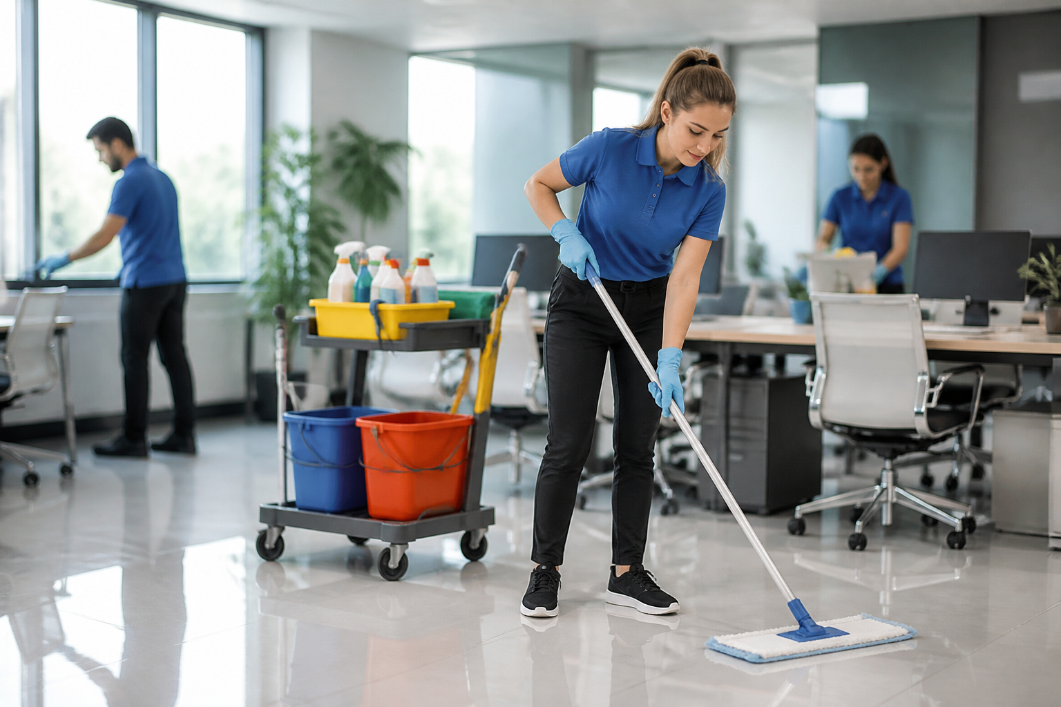 commercial cleaning standards Jacksonville — a team of cleaners working in an office environment in Jacksonville