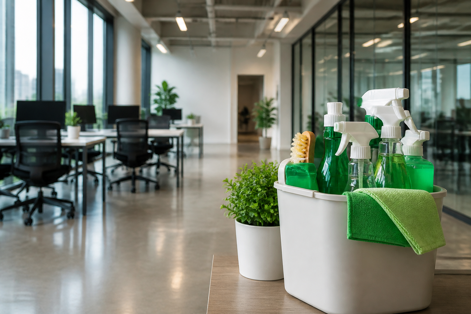 office cleaning services Jacksonville — eco-friendly cleaning products displayed on a table in a bright office