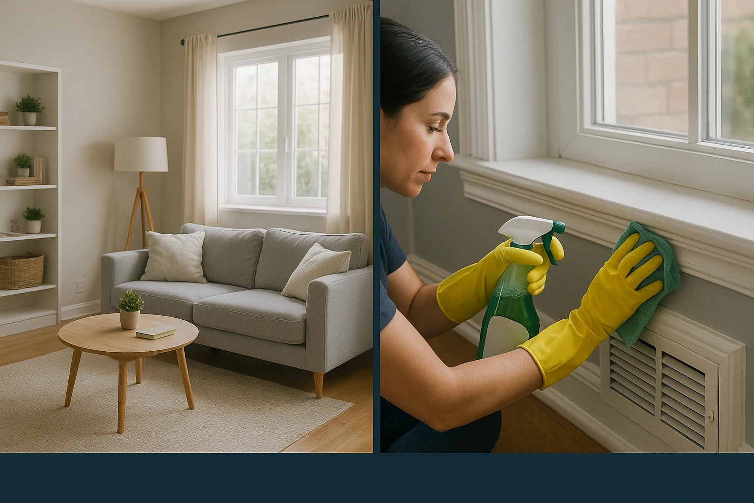 deep cleaning Jacksonville — photorealistic image of a living room split scene showing regular and deep cleaning methods